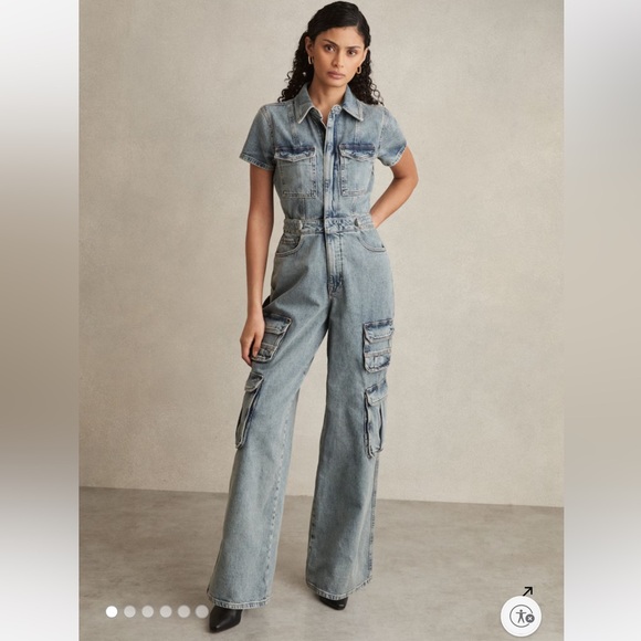 GOOD AMERICAN DENIM CARGO JUMPSUIT IN INDIGO SIZE XS - Picture 2 of 16